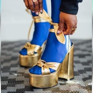 GOOLITA Gold Metallic Lace Up Chunky Platform Heels